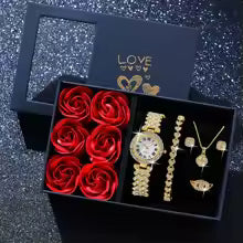 Luxury Rose Gift Box Jewelry Set – Women Watch, Necklace, Bracelet & Earrings | Valentine Gift for Her